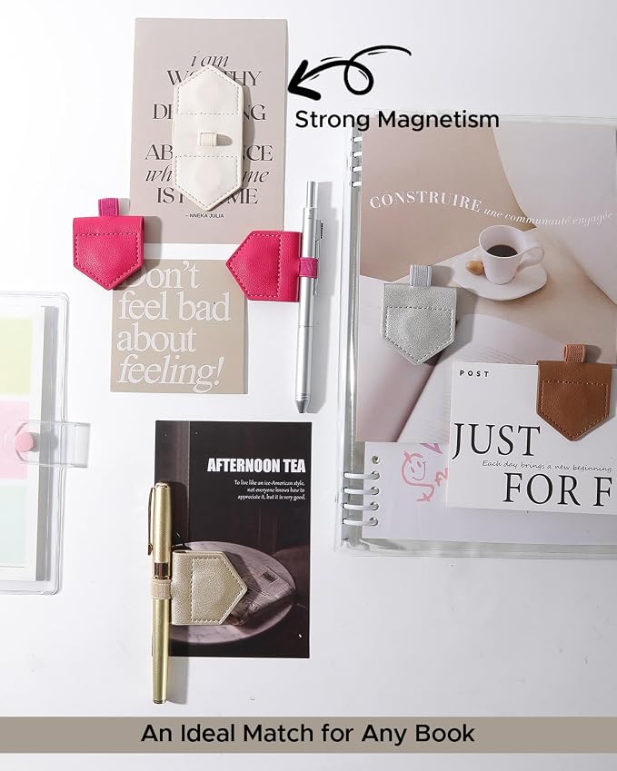 Magnetic Leather Bookmarks with Pen Holder Vegan Leather Book Marks Gifts for Reading Book Lovers Notebook Travelers (Pink-2PC)