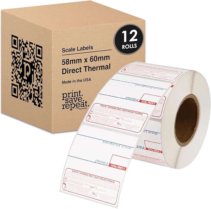 58mm x 60mm Labels for CAS Scales with SHI (8040) | 40mm Core | 500 Labels/Roll | 12 Rolls | 6,000 Labels