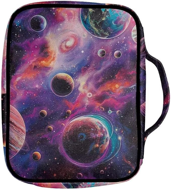 Coldinair Outer Space Planets Bible Cover Case for Kids Teen,Carrying Book Cover Bible Holders with Handle and Zippered Pocket,Fits for Standard/Large Size Bible