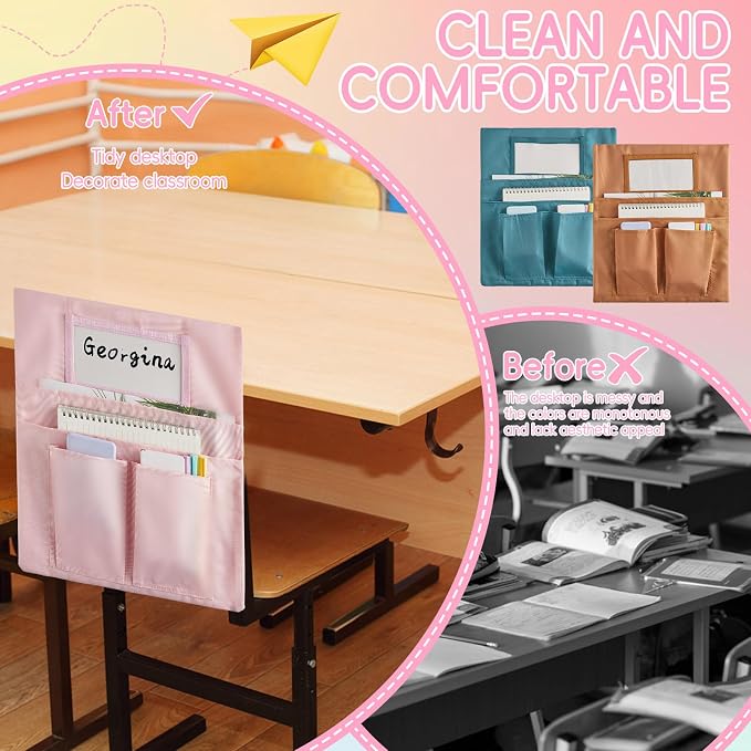 gisgfim 24 Pcs Small Chair Pockets for Classroom 13 x 14 Inch Bag with Name Tag Multi Pockets Chairsback Pouch Organizer for Student Kindergarten Elementary Daycare (Groovy)