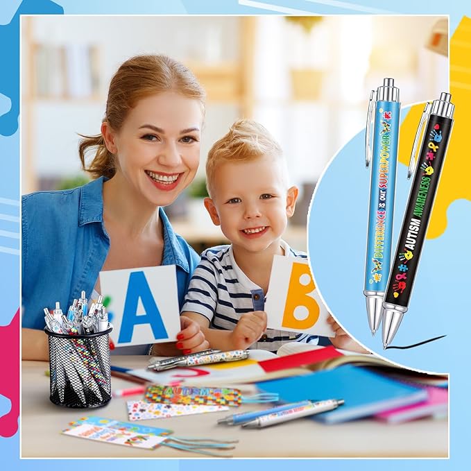 Motiskyy 48 Pcs Autism Awareness Pens and Bookmarks Bulk Breast Cancer Mental Health Accessories Colorful Autism Awareness Stuff for Social Charity Public Event Education Supplies Motivational Gifts