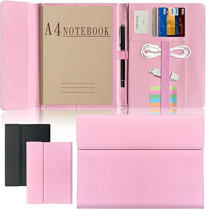 Triple Portfolio Folder Notebook Cover for 8.5 x 11 Daily Planner, Soft Leather Padfolio A4 Business Binder Legal Writing Pad Document Organizer for Present Gift Kid Men Women Pink