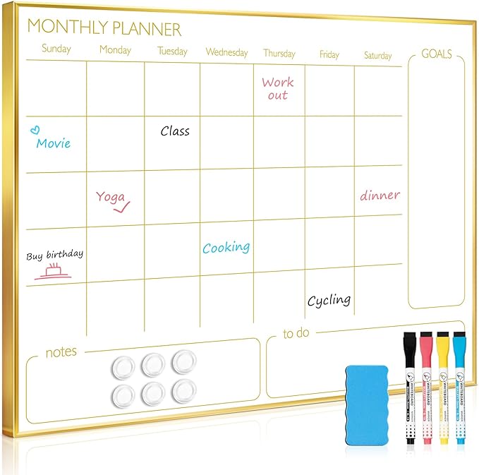 Dry Erase Calendar Whiteboard for Wall, 24'' x 18'' Monthly White Board Planner with Gold Frame, Magnetic Hanging Wipe Board for Home Office School Dorm