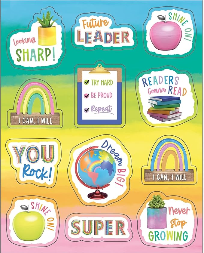 Carson Dellosa Creatively Inspired 72 Motivational Stickers for Kids, 6 Sheets of Rainbow Incentives with Positive Affirmations for Prizes, Reward Chart, and School Supplies, Classroom Must Haves