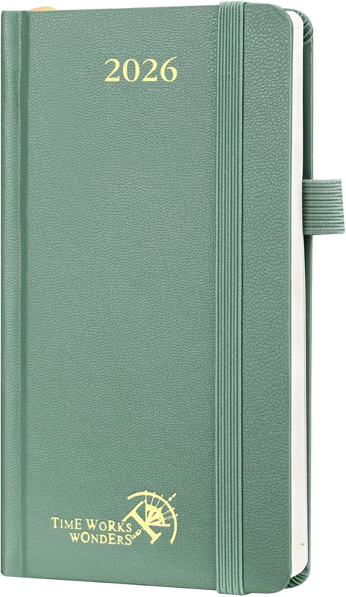 POPRUN 2026 Pocket Calendar Planner (Mini Size-3.5" x 6.5" Hardcover),12 Months (Jan. - Dec. 2026) - Small Planner Weekly and Monthly for Purse with Pen Holder, Storage Pocket - Midnight Green