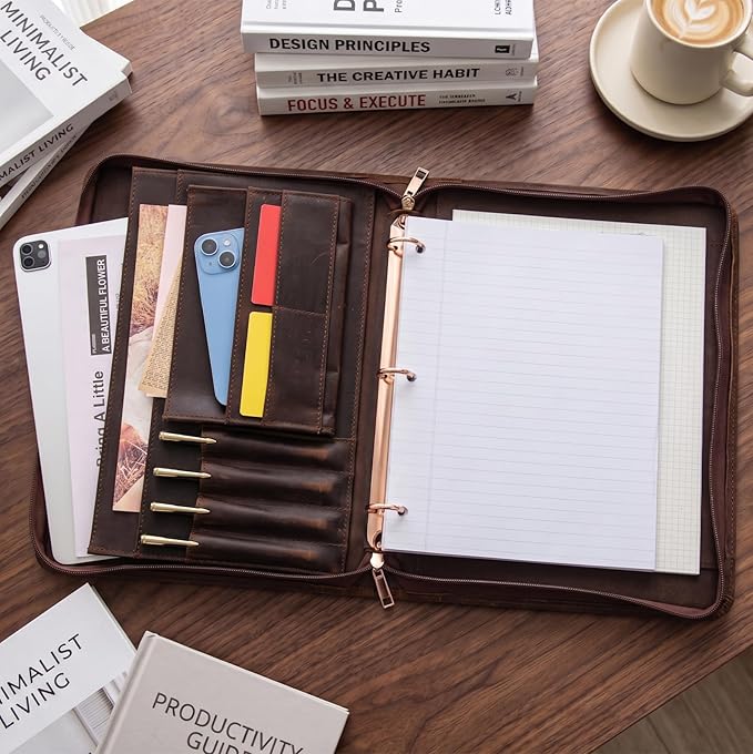 AZXCG Genuine Leather Portfolio Binder for Men& Women,Padfolio Organizer with Zipper,Padfolio Folder for iPad Pro 12.9/ Letter Size Notepad,Business Executive Gift for Men,Gift for Valentine's Day