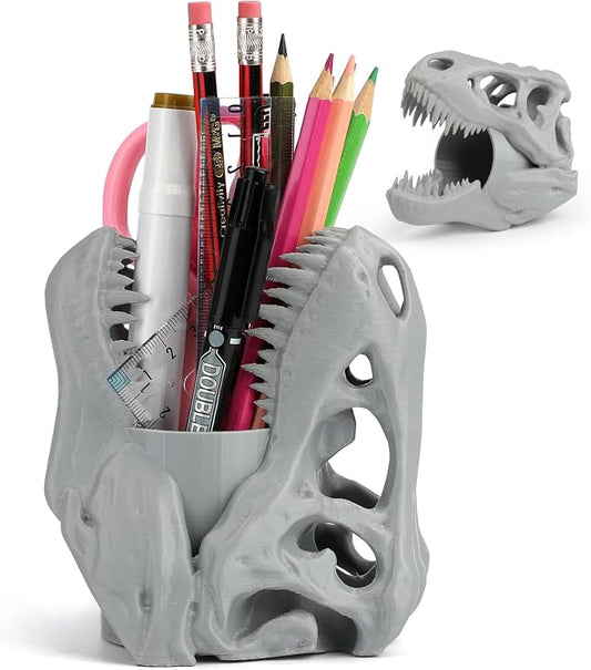 Cool Dinosaur Pen Holder, Dinosaur Skull Figurine Pencil Holder for Office Desk Decor, Funny Easter Gifts for Men and Boys, Grey T-Rex Desktop Organizer