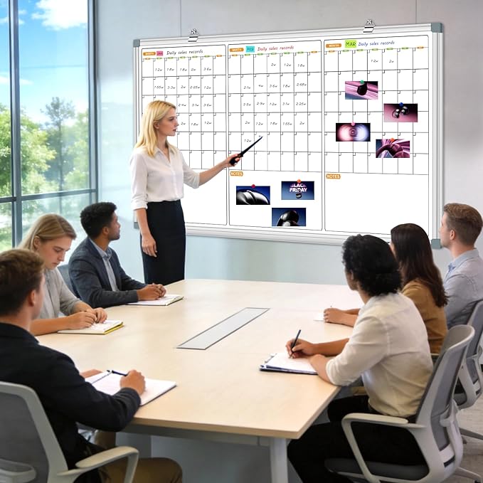3 Month Wall Calendar Whiteboard, Quarterly Whiteboard Calendar for Wall, 48x28 Inch Magnetic Dry Erase Board, Wall Hanging Aluminum Frame with Tray for Home, School, Office