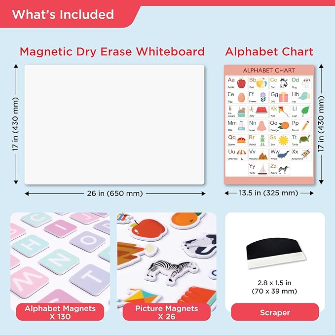 COMIX Magnetic Dry Erase Board, Magnetic ABC Alphabet Chart for Kids, 26" x 17" Adhesive White Board with 156 Pieces ABC Graphic Magnet for Kids at Home Student Classroom