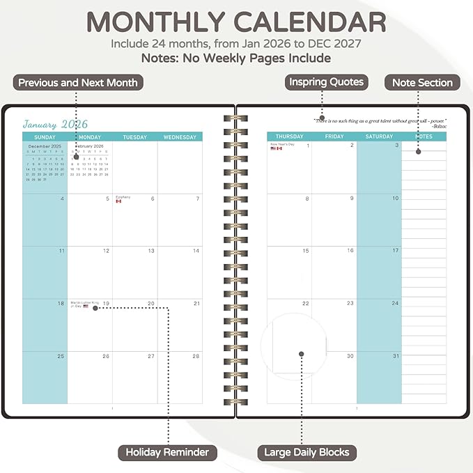 Monthly Planner 2026-2027, 2 Year Calendar 2026-2027 (Jan 2026 - Dec 2027), 7" x 10", 26-27 Monthly Calendar Planner, 24-Month Planning Book for Home School Office Supplies