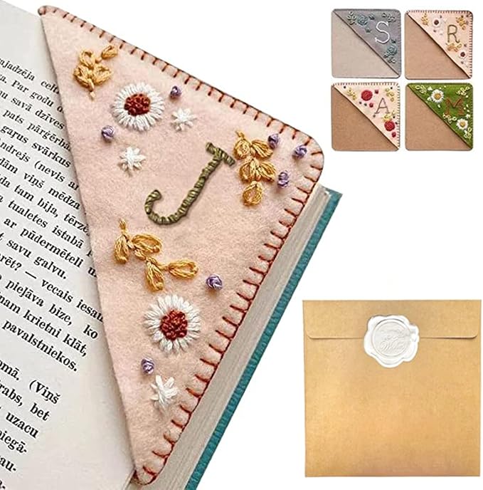 Personalized Hand Embroidered Corner Bookmark, 26 Letters Hand Stitched Felt Corner Letter Bookmark, Cute Flower Embroidery Bookmarks for Book Reading Lovers Meaningful Gift（Spring，J