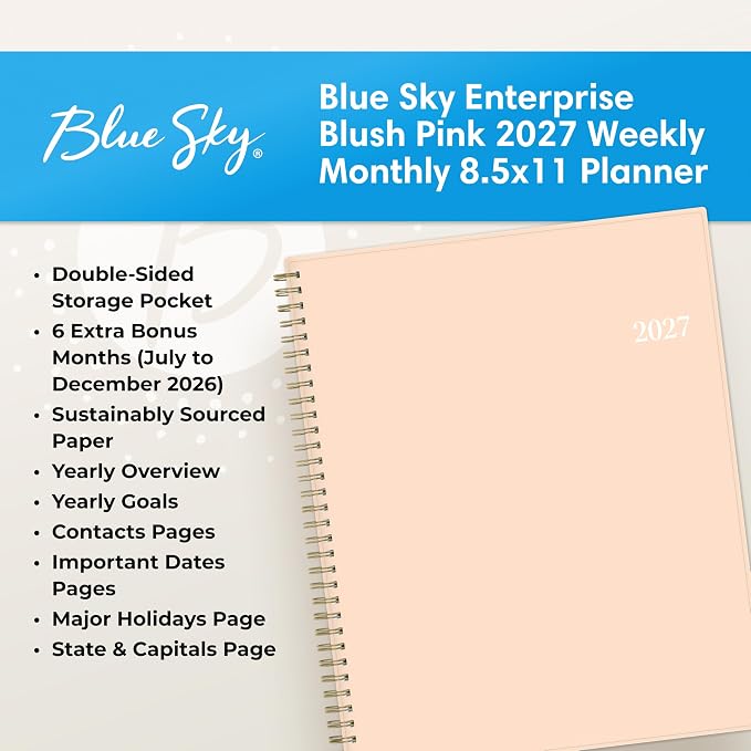 Blue Sky 2027 Weekly and Monthly Planner Calendar, Includes January 2027 - December 2027, 8.5" x 11", Flexible Cover, Wirebound, Laminated Tabs, Storage Pocket, Enterprise Blush Pink