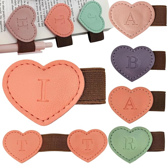 Personalized Magnetic Leather Heart Bookmark with Pen Holder - 26 Letters Custom Book Mark Notebook Pencil Loop with Initial Book Marker for Readers, Book Lovers- Gifts for Women Men(Black & Orange,I)