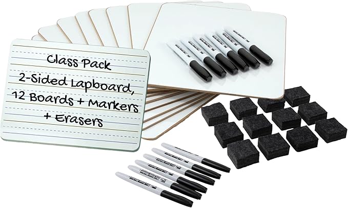 Charles Leonard Dry Erase Board Class Pack - Includes 12 Plain/Lined 2-Sided Boards, 12 Erasers and 12 Black Markers, in a Re-Useable Box (35030)