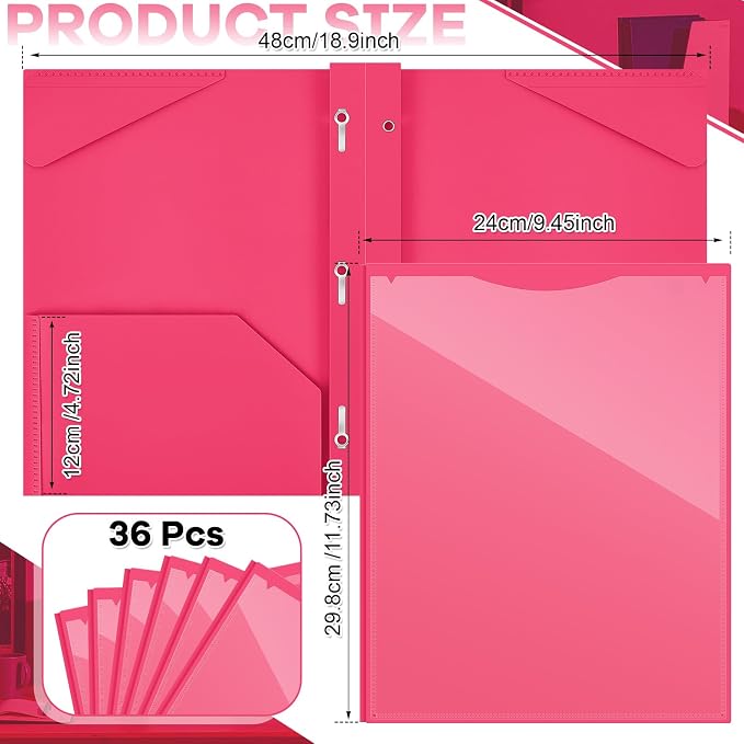 Henoyso 36 Pcs Plastic Folder with Clear Front Pocket and 3 Prong Plastic Folders with Card Slot Pocket Folders with Prongs for School Office (Rose Pink)