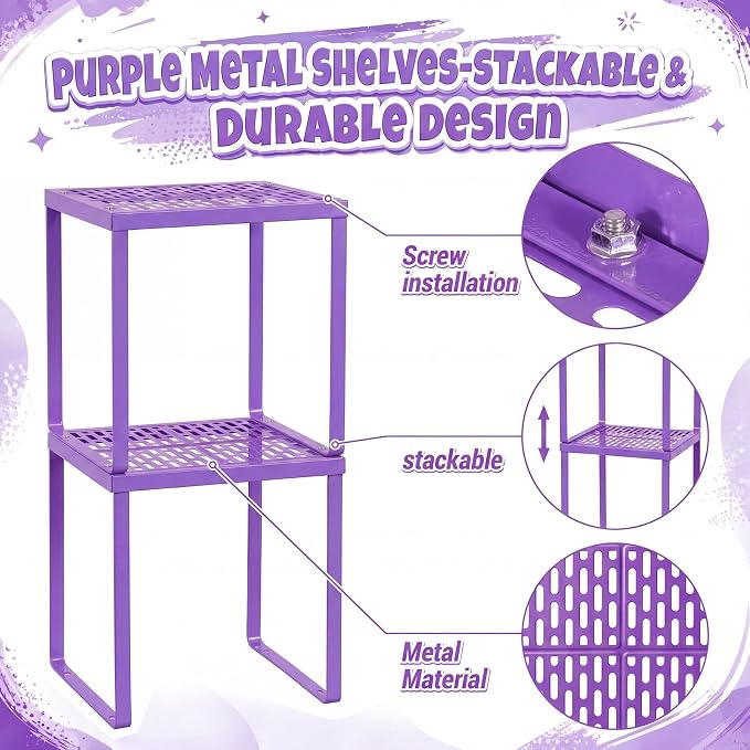 Colarr 2 Pcs Locker Organizer Shelf Stackable 2-Tier Shelves Fits Standard Size School Lockers Heavy Duty Metal Locker Shelf for School Office Gym Lockers Home Storage 11x 10 x 12 Inch(Purple)
