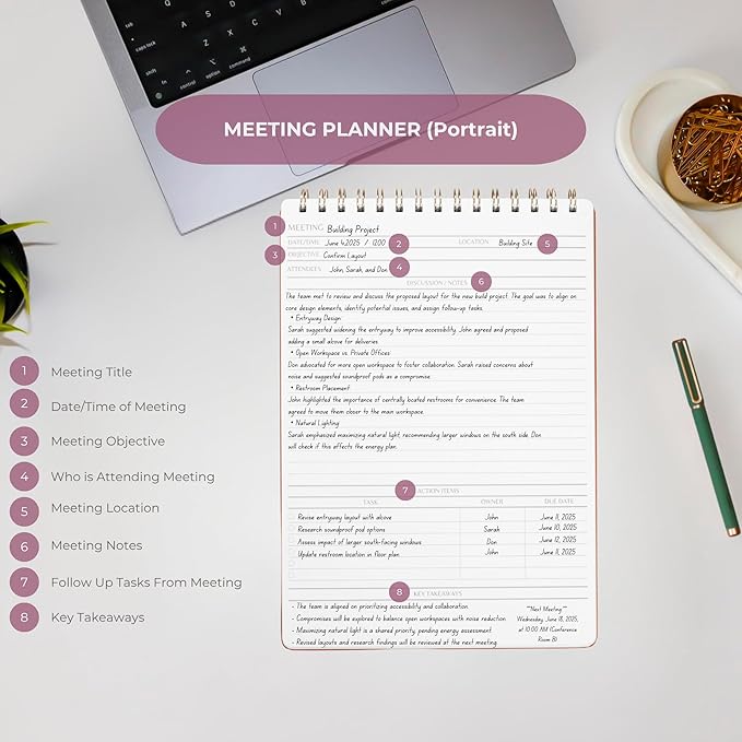 | Meeting Notebook for Work | 8.25" x 11.75" | Project Planner | Simple Design | Multiple Layouts | Office and Business Planner (Rust, Meeting Planner - Portrait)