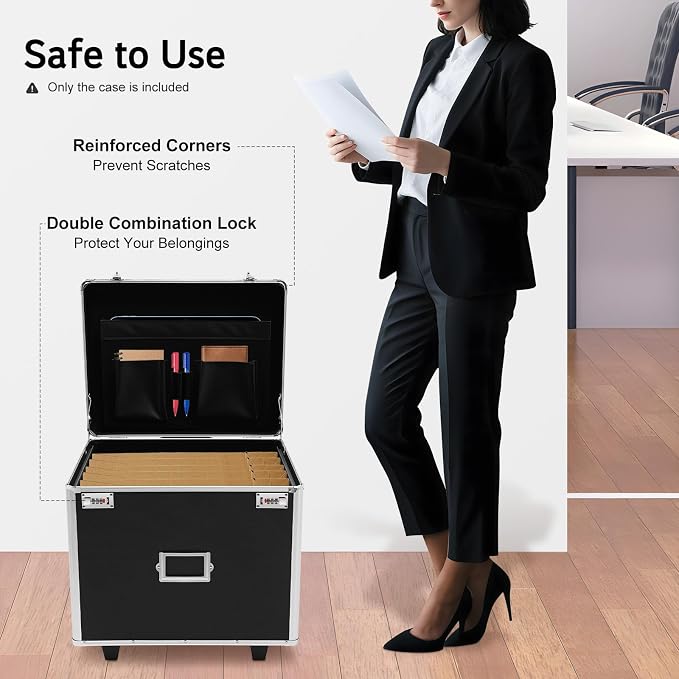 Locking Storage Box, Aluminum Alloy Rolling File Case with Lock, Portable Mobile Luggage Compartment with Wheels & Handle, Secure Confidential Items Organizer for Home Office, 19.2 * 15 * 16in Black