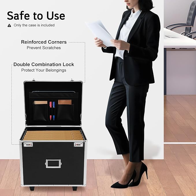 Locking Rolling File Box with Wheels, 19.2" L Portable Aluminum Alloy Storage Case on Wheels, Mobile Business Document Organizer with Handle for Home Office Travel (Black)