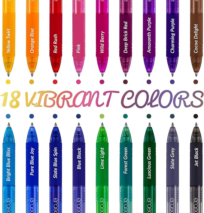 ParKoo 18 Colors Retractable Erasable Gel Pens Clicker, Fine Point 0.7mm, Make Mistakes Disappear, Comfort Grip for Journaling Drawing Writing Planners