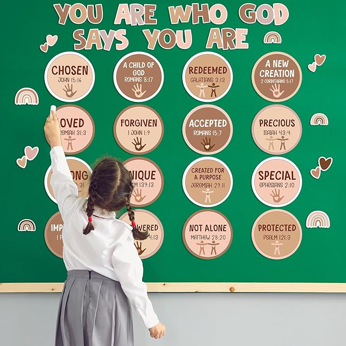 Qyeahkj Christian Bulletin Board Decoration Inspirational Diversity Bulletin Board Set Boho Rainbow God Says You Are Cutouts Motivational Religious Classroom Wall Decor for School Home Church Supplies