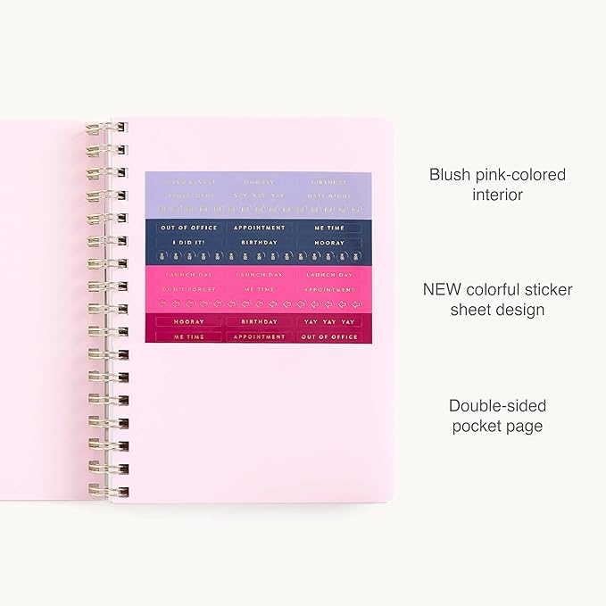 Simplified 12-Month Spiral Softcover Weekly Planner — Happy Stripe — 2026 Calendar Year Organizer with Stickers, Pockets, and Flexible Cover
