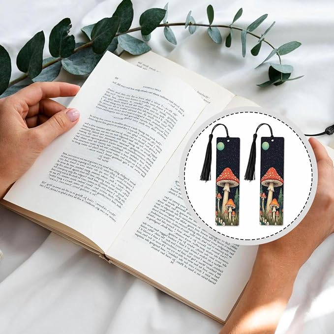 Mushrooms Bookmarks 5 Pcs with Tassels Dark Night Moon Stars Flowers Trees Wooden Bookmarks for Reading Women Students Teacher Reader
