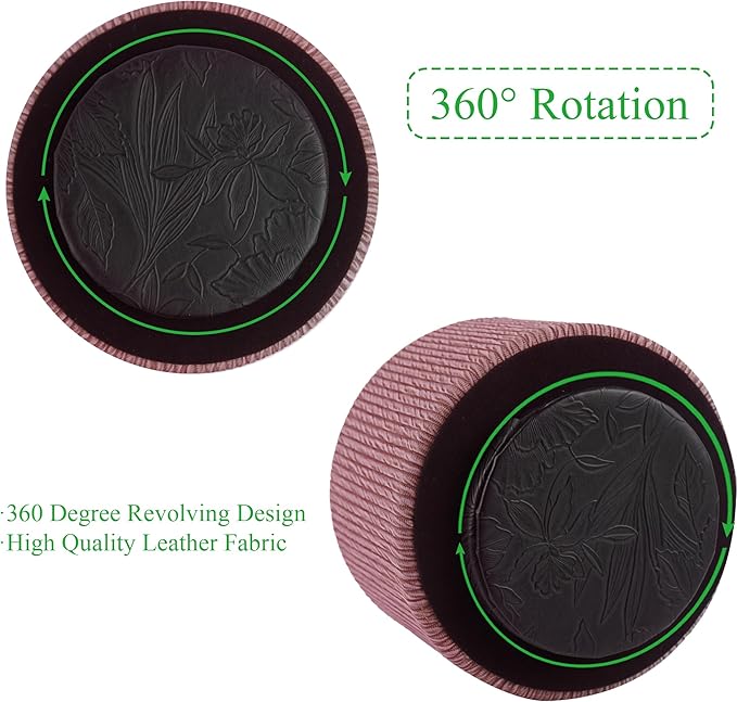 Round Leather Art Supply Organizer,Remote Control Holder,360 Degree Spinning,Multi-Functional Pencil Holder,4 Compartments Desktop Stationary Organizer(1-Wood Pink)