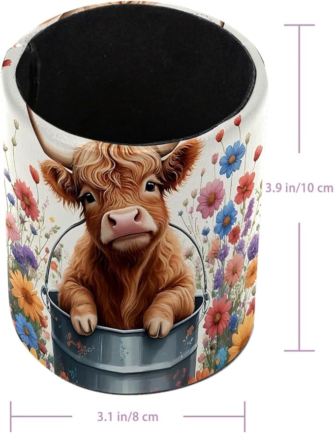 Highland Cow Floral Pen Holder Pencil Organizer Cute Pencil Cup Desk Decor Makeup Brush Holder PU Multifunctional Office Supplies for Home Classroom School