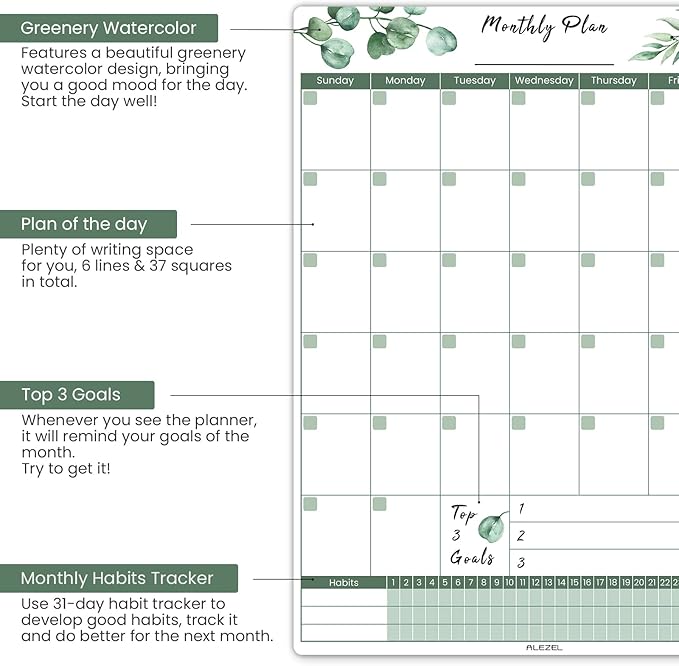 ALEZEL Magnetic Calendar for Refrigerator, Greenery Dry Erase Fridge Calendar Set (3 Boards) - Monthly & Weekly Planner Whiteboard, Shopping List White Board, 3 Markers + Eraser