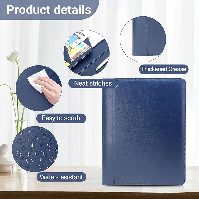 Professional Portfolio Binder, Faux Leather Padfolio for Resume, Note-Taking & Meetings, A4 Letter Writing Pad Holder for Women & Men, Blue