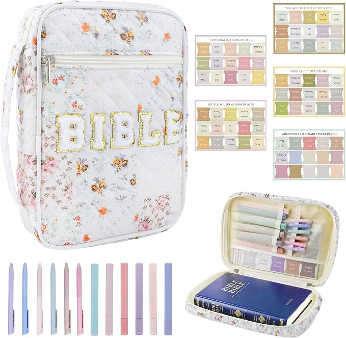 Bible Cover Case for Women, Large Chenille Letter Bible Bag with Handle, Carrying Bag with Tabs 6 Colored Pens 6 Highlighters, Back to School Study Supplies Christian Church Gifts, Spliced Flower