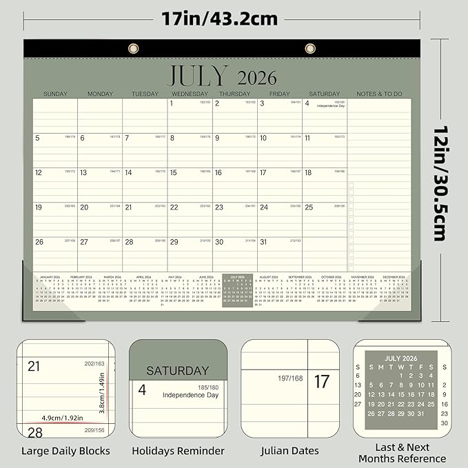 ZTX Desk Calendar 2026-2027,18 Months Calendar from July 2026 to December 2027,17" x 12" Big Calendars 2026-2027 Monthly Planner with Plastic Cover for Teacher Home Desk Top Green