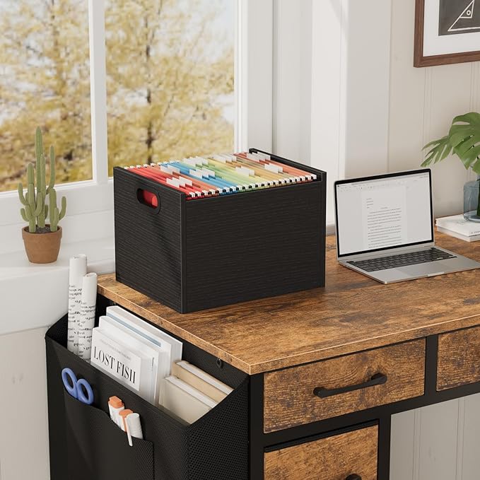 ROSONG Black Wood File Organizer Box - Filing Bin for Letter & A4 Size Wood Decorative Hanging File Folders Storage Crate with Handle, Sturdy Home Office Filing Cabinet System