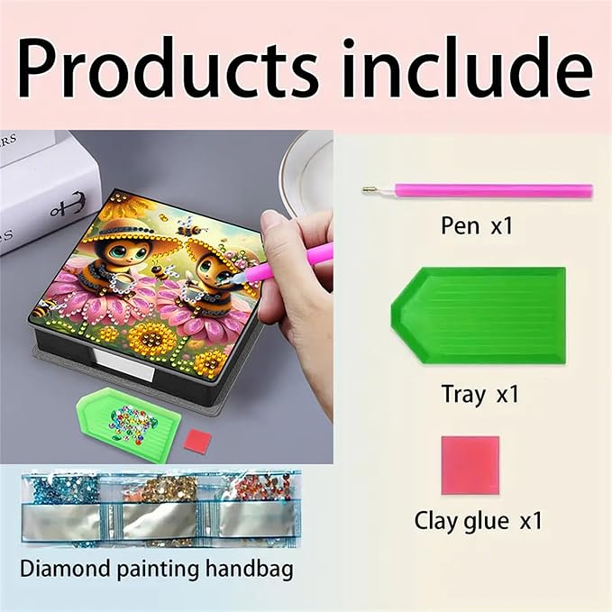 Bee Diamond Painting Note Box Memo Pad Holder, Diamond Art Sticky Notes Organizer for Desk, Aesthetic Stationery Storage Case for Office,School Supplies (Bee)