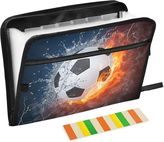 Expanding File Folder Soccer Water Fire Football Accordion File Organizer 13 Pockets Document Organizer with Zipper Labels A4 Letter Office Storage