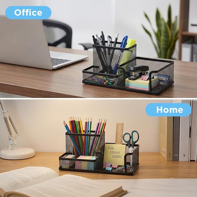 Lemecima 8 Pcs Pen Holder for Desk Mesh Metal Pencil Holders Pen Cup Marker Desk Caddy with Sticky Notes Organizer for Office Supplies Workspace Home, Black