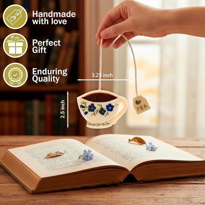 Embroidered Teacup Bookmark with Floral Design – Cute Tea Cup Bookmark for Book Lovers, Readers & Teachers – Unique Gift for Women, Tea Lovers & Bookworms