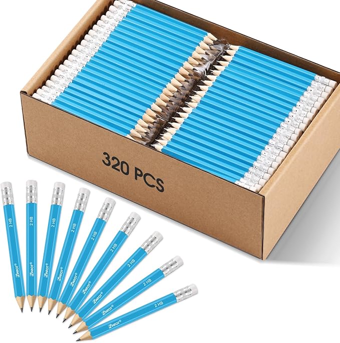 ZWlOT Golf Pencils with Eraser, #2 HB Half,4" Mini,Pre-Sharpened,120/200/320 Count Pencils Wood Cased Short for Classroom, Office, School, Wedding and Party Game(Blue-320pcs)