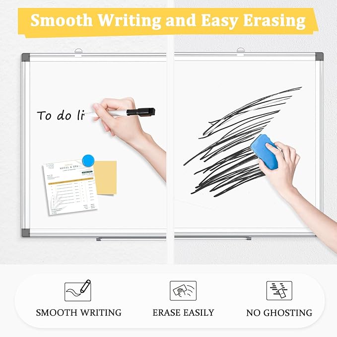 Double-Sided Magnetic Whiteboard, 36" x 24" Dry Erase Board, Aluminum Frame White Board for Wall, Hanging Mounting White Board Dry Erase Marker Board with 4 Markers, 1 Pen Tray