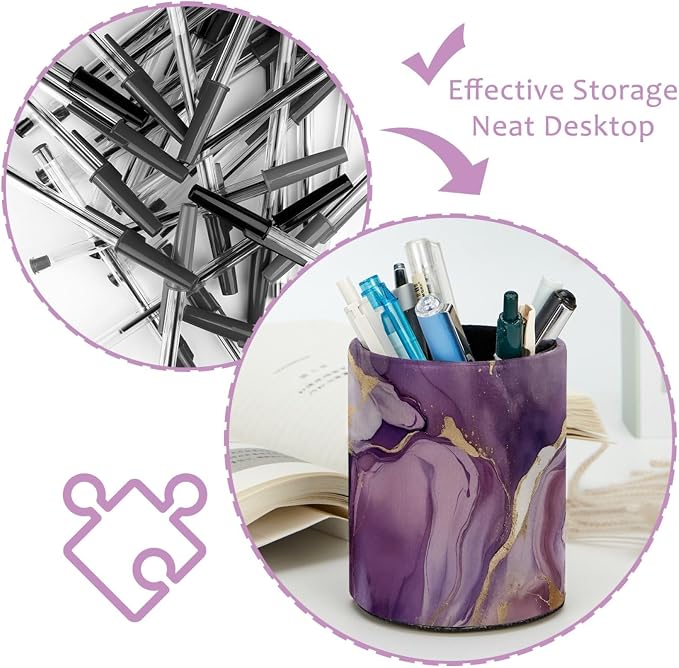 Leather Pen Holder for Desk, Purple Marble Makeup Brushes Holder Pencil Cup Multifunctional Desktop Organizer Caddy for Home School Office Desk Accessories