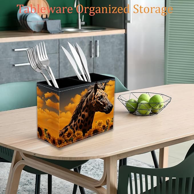Pen Holder for Desk, PU Leather Multifunctional Desktop Storage Box and Anti-Slip Mouse Pad Set, Makeup Brush Holder Pen Organizer for Office and Home - Horse Leopard Print Sunflower