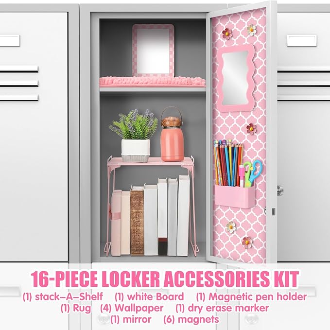 Eaasty 16 Pcs Pink Locker Accessories for Girls Locker Organizer Decorations Includes Shelf Wallpaper Magnetic Whiteboard Mirror Marker Rug Flower Magnets for Back to School Work Gym(Pink Quatrefoil)