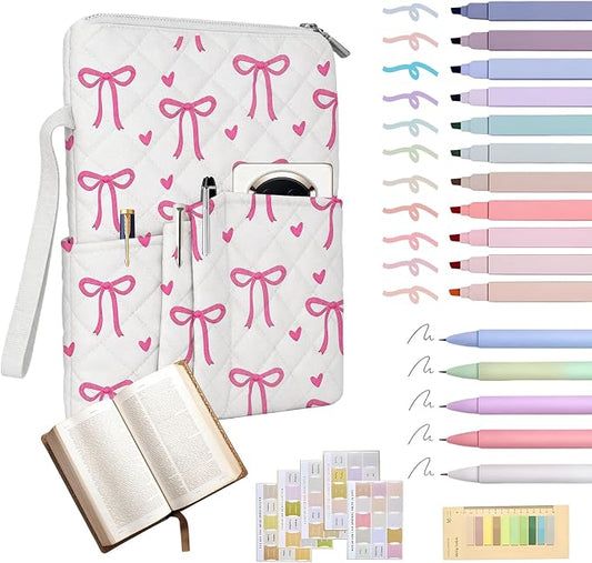 Bible Study Supplies Kit for Women, Quilted Pink Bow Bible Cover Case, Bible Bag with Handle Zipper & Pockets, Book Sleeve Pouch, Bible Accessories Gift for Girls,10x8 Inch