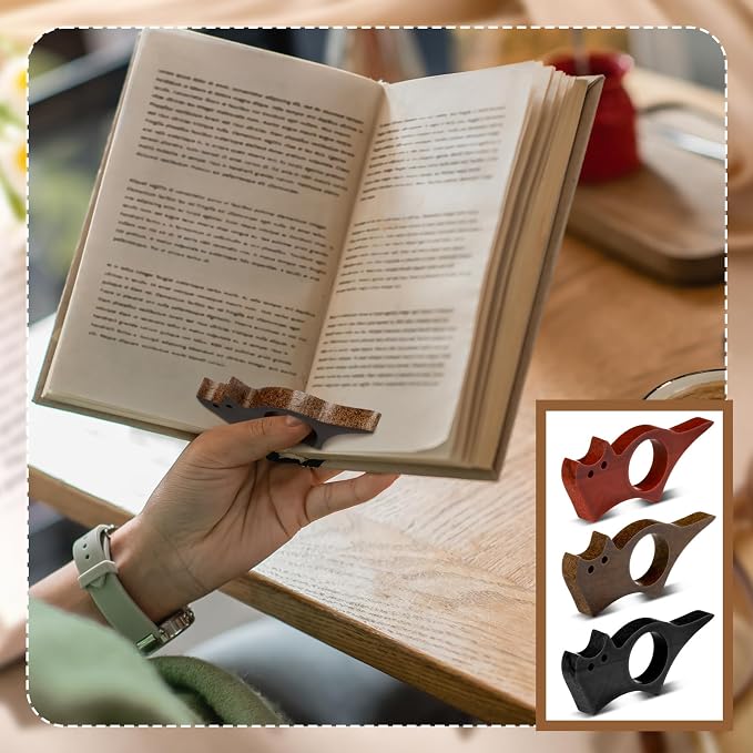 MotiMind 3 Pcs Wooden Thumb Book Page Holders One-Hand Reading Bookmarks for Book Lovers Portable Wood Books Holders for Thick Thin Books Bookworm Gifts for Women Readers(Cat,Medium)