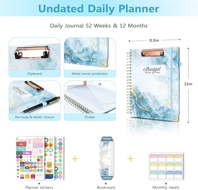 Ospelelf Undated Budget Planner with Expense Tracker and Bill Organizer Large Spiral Bound Monthly Account Planners to Take Control of Your Money 12 Months Blue