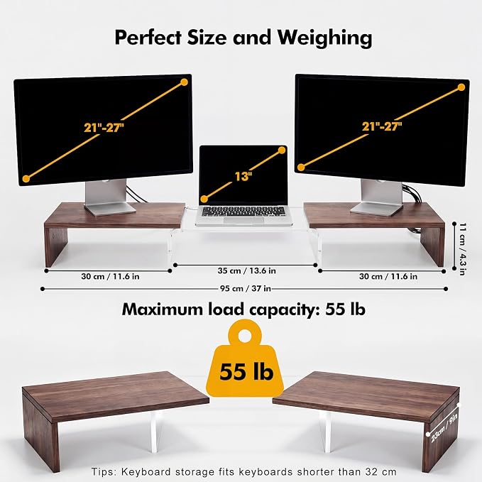 High-Clarity Dual Monitor Riser, Acrylic Monitor Riser, Adjustable Angle & Length Computer Monitor Stand, Wide Desk Shelf for Top of Desk for Home Office_Walnut Look Small