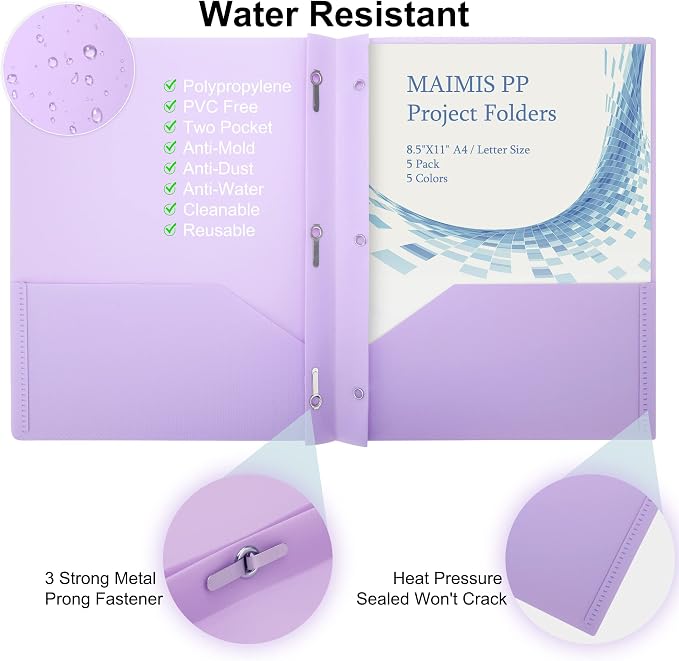 Plastic File Folders with Pockets - (5 Pack, Assorted Colors) Heavy Duty 3 Hole Two Pocket Folder with Pockets 3 Prong Folders A4 Letter Size Colored Plastic Folders for School Office Home