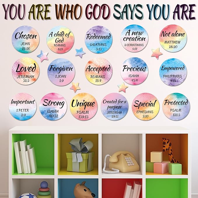 Qyeahkj Christian Bulletin Board Decoration God Says You Are Religious Classroom Wall Decor Watercolor Motivational Quote Cutout Inspirational Bulletin Board Set for Sunday School Home Church Supplies
