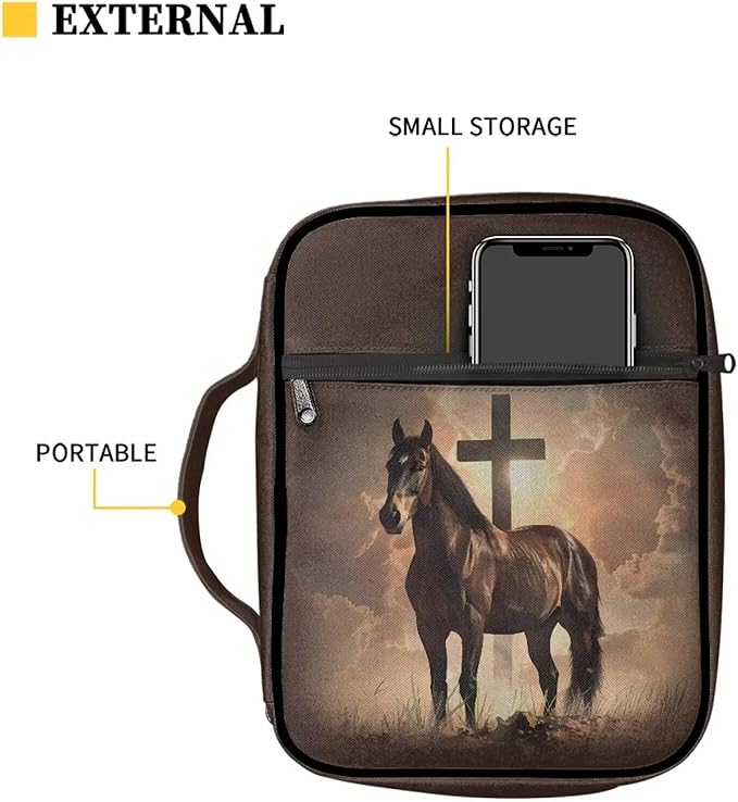 Suobstales Cross Horse Print Bible Covers for Women Men Bible Case Bible Bag Bible Accessories with Handle and Zippered Pocket Bible Tote Bag for Women Men